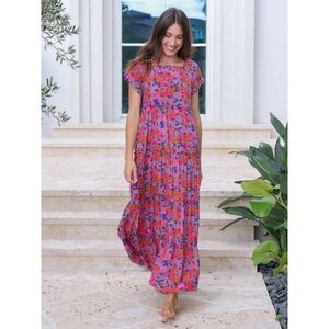 Natural Life Rust Orchid Pink Floral Berkley Tiered Maxi Dress Women Size Medium